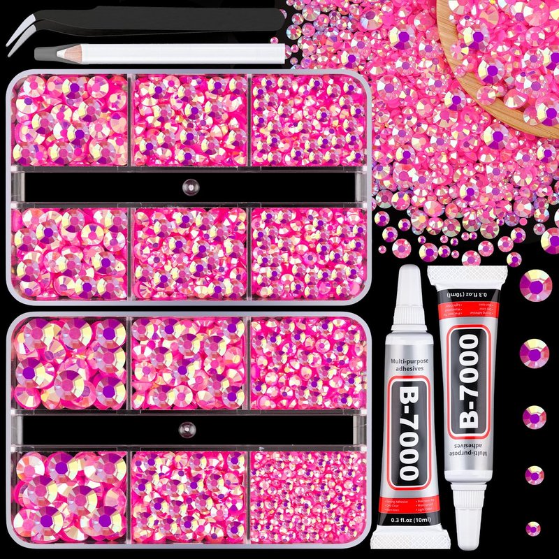 Resin Jelly Rhinestones for Crafting with B7000 Jewelry Glue, 2 Boxes Hot Pink AB Flatback Crystals with 2Pcs 10ml Glue, Bedazzling Non Hotfix Gems for DIY Tumblers Clothing Shoes Manicure