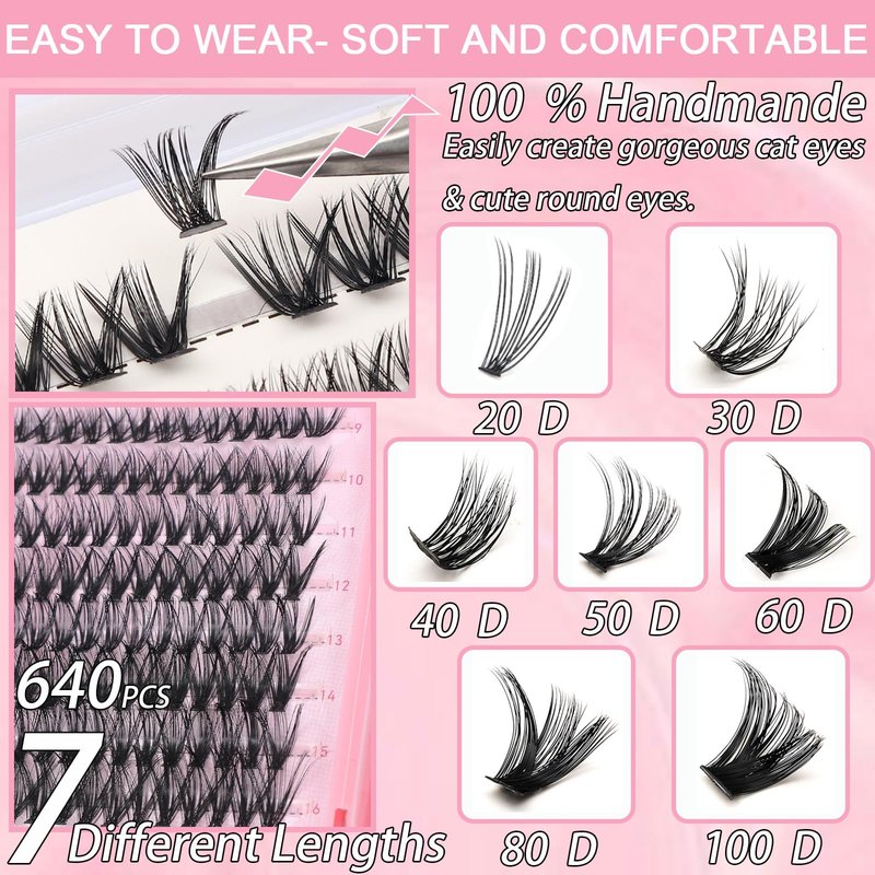 Lash Clusters Kit, 640 Pcs Eyelashes Clusters Extensions Kit 9-16mm Individual Lashes D Curl Fluffy Wispy False Eyelashes Thin Band with Bond Seal Tweezers Brush DIY (30D+40D+50D+60D Kit 9-16mm)