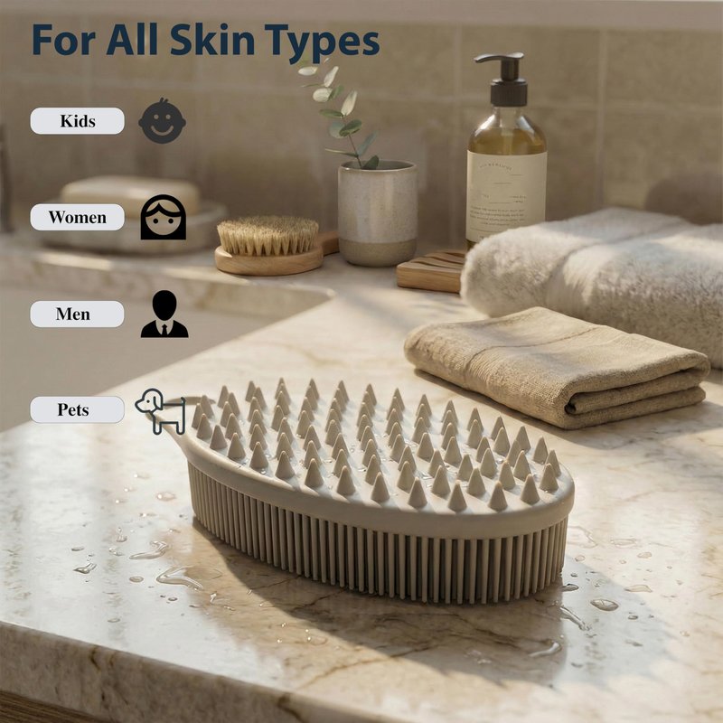 MtBoi 2 Pack Silicone Exfoliating Body Scrubber, Soft Silicone Loofah for Sensitive Skin, 2-in-1 Body Brush & Shower Head Massager, Easy to Clean, Rich Lather (Gray&Green)