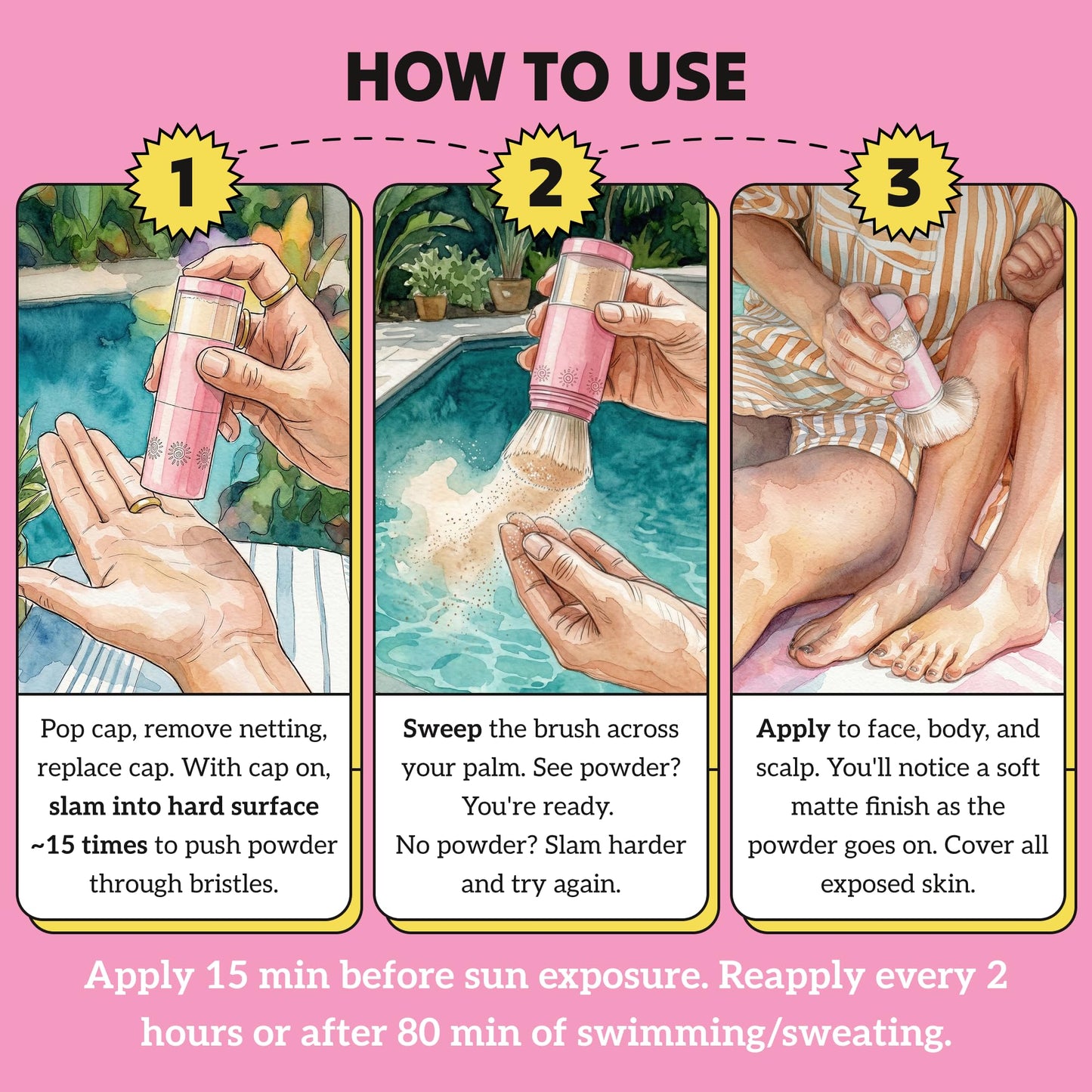 Sol Brush SPF 50 Mineral Sunscreen Powder, Broad Spectrum UVA/UVB Protection Sunscreen, Mess Free Brush On Applicator, Clean & Cruelty Free, Water Resistant (80 Minutes), Pink, Fair