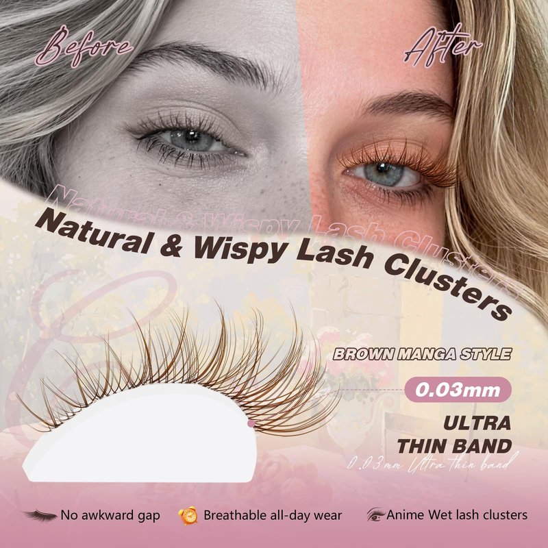 JMS&JMS Brown Lash Clusters Natural Wispy Lash Clusters Brown Eyelash Clusters Clear Band C Curl DIY Cluster Lashes 8-16mm