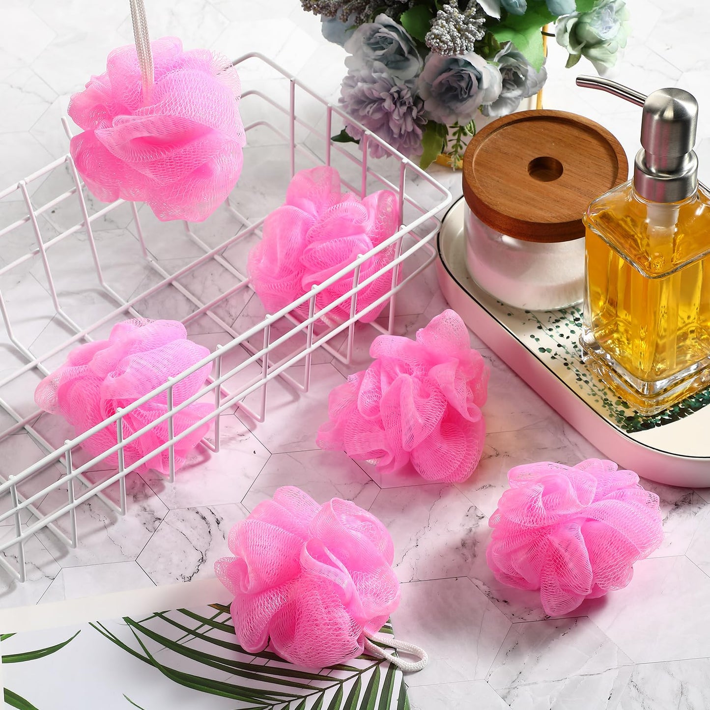 Suttmin 50 Pcs Loofah Sponge Bulk Mini Shower Sponge 3 Inch Loofahs Shower Pouf Mesh Showers Ball for Women Kids Men Exfoliating Bath Scrubber Travel Size Showers Gift(Pink)