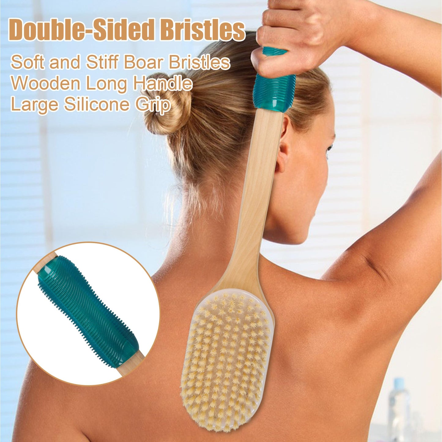 OWIIZI Back Scrubber for Shower with Soft and Stiff Boar Bristles Dual-Sided Wooden Long Handle Antiskid Body Bath Brush for Back Use Wet or Dry,Deep Cleanse Large Surface Back Scrub Brush