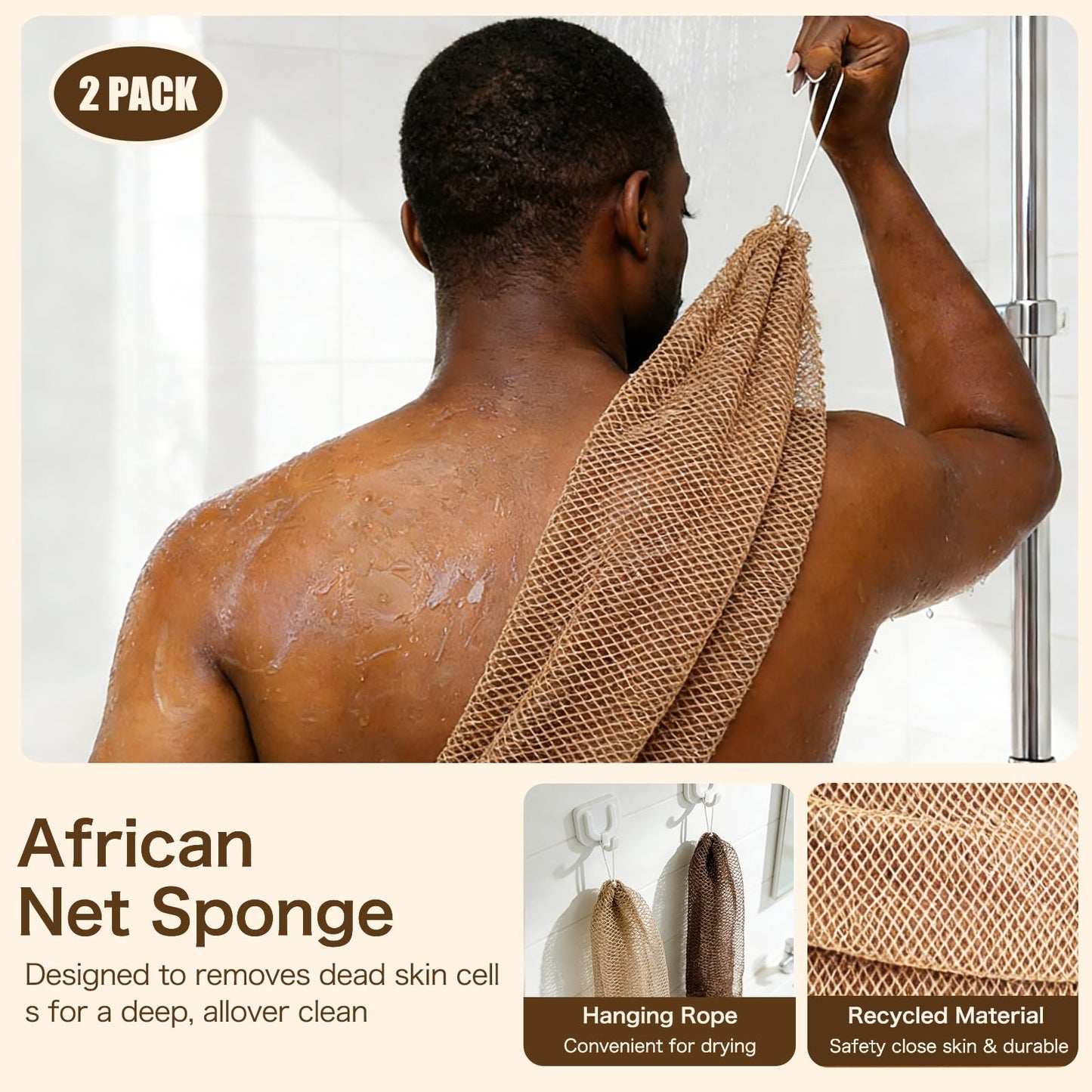 Tonater Body Scrubber 2 Pack, Authentic African Exfoliating Net Sponge Bath Shower Loofah, Up to 47.2" Stretched Nylon Scrubber for Sensitive Skin, Travel Portable Spa Gifts-Light Beige + Dark Brown