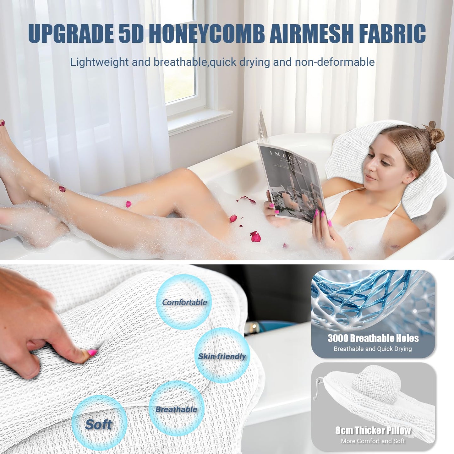 Full Body Bath Pillows for Tub Luxury Bathtub Pillow Cushion for Head,Shoulder,Back&Lumbar Support Thick Tub Pillow for Bathtub for Women Soft 5D Air Mesh Mat 12 Non-Slip Power Suction Cups (White)