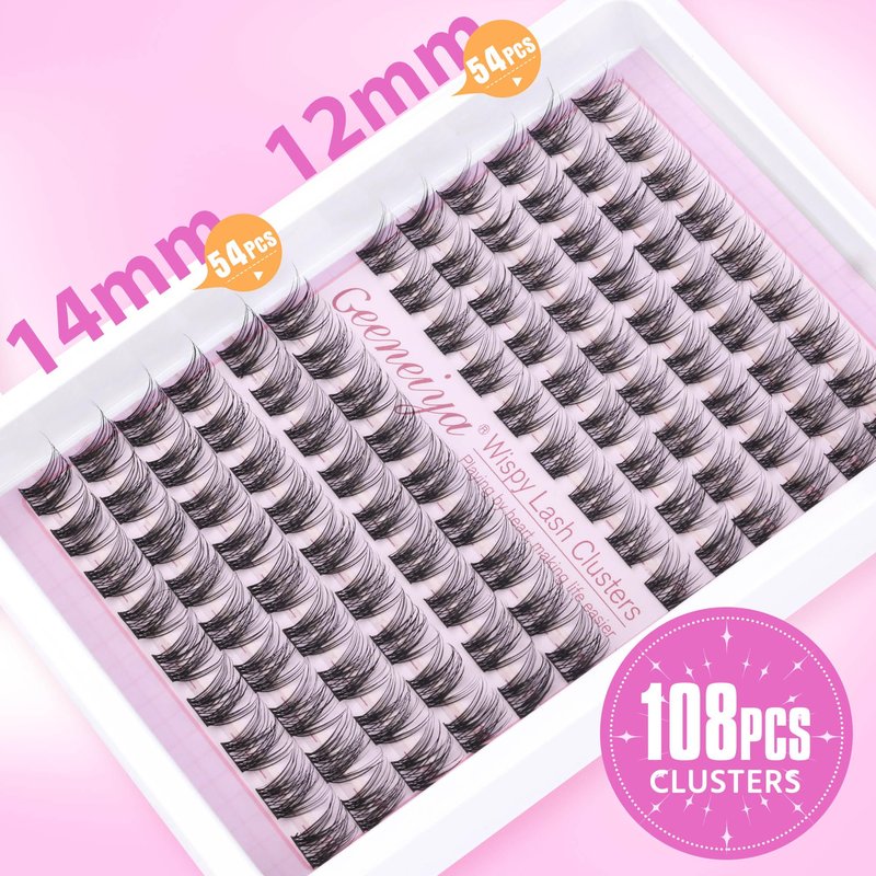 Geeneiya Natural Lash Clusters D Curl Eyelash Clusters 12+14MM Wispy Cluster Eyelash Extensions Short Individual Lashes Extension for Beginners, Soft Thin Band