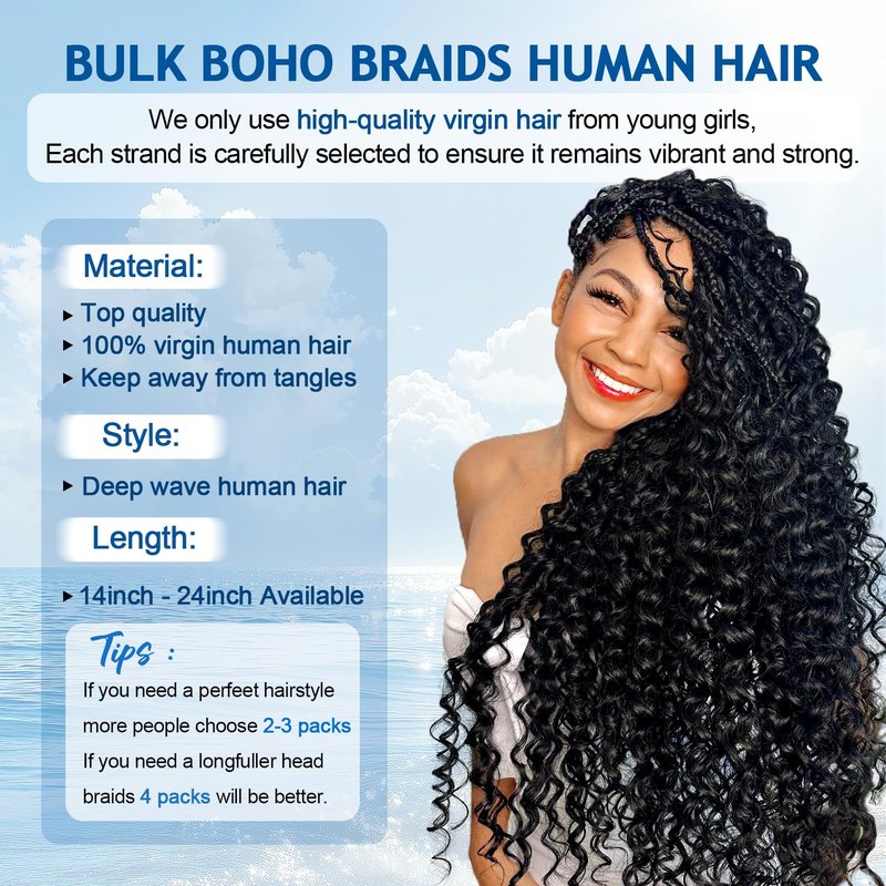BIZVUS Human Braiding Hair for Boho Braids 110g Curly Boho Hair for Braiding Knotless 12A Wet and Wavy Bulk Bohemian 3 Bundles/Pack Deep Wave 100% Human Hair Extensions Natural Color 16inch