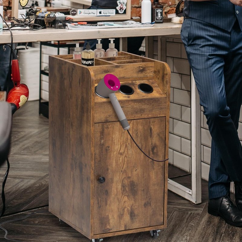 RESHABLE Salon Trolley Cart - Sturdy Rustic Brown Design with Charging Station for Hair Stylists