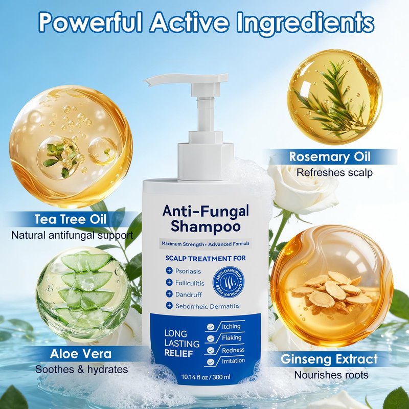 EIUQH Antifungal Shampoo for Seborrheic Dermatitis, Folliculitis, Scalp Psoriasis, Sulfate & Paraben-Free, Anti-Dandruff Formula for Itching, Dryness, and Scalp Relief for Men and Women, 10.14 FL OZ