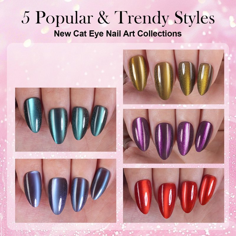Cat Eye Press-On Nails - 300 Pcs Glossy Glitter Medium Almond Soft Gel Nail Tips | Reusable in 15 Sizes