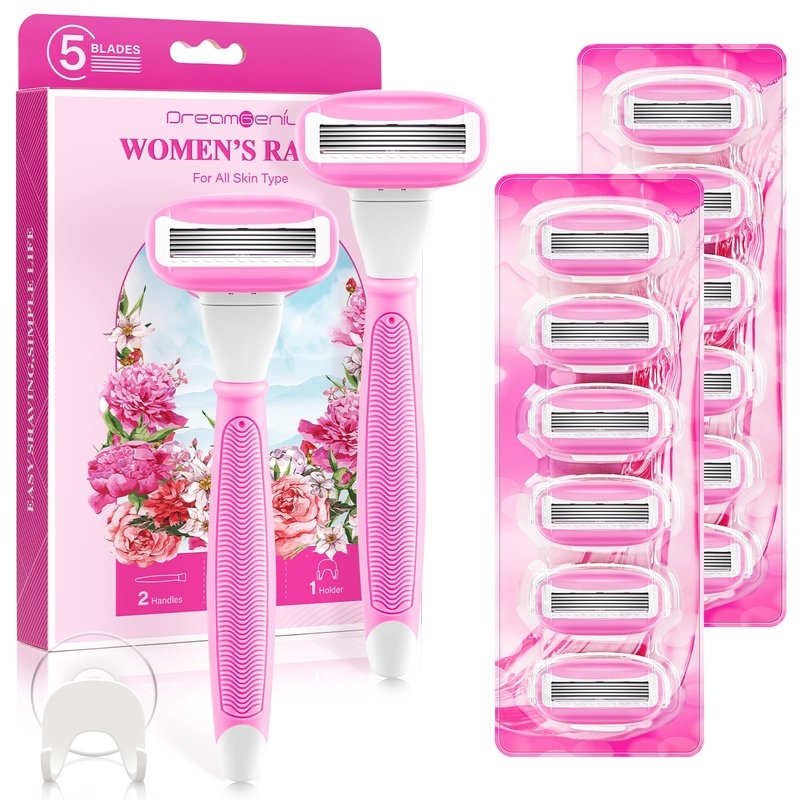 Razors for Women Include 2 Non-Slip Handles and 14 Blade Refills with a Shower Holder, 5 Premium Blades Women's Razors for Shaving with 360° Lubrication Reduces Irritation, Pink
