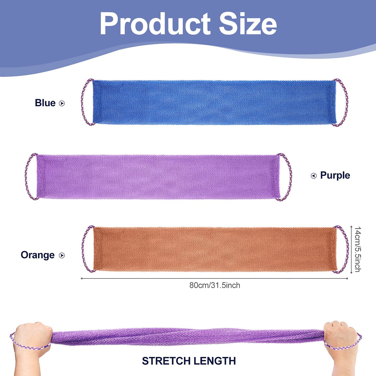 Tegeme 3 Pieces African Exfoliating Net Sponge, Long Exfoliating Bath Back Scrubber with Pull Strap, Nylon Body Shower Loofah for Women Men, Daily Hand Washcloth (Purple, Blue, Coffee)