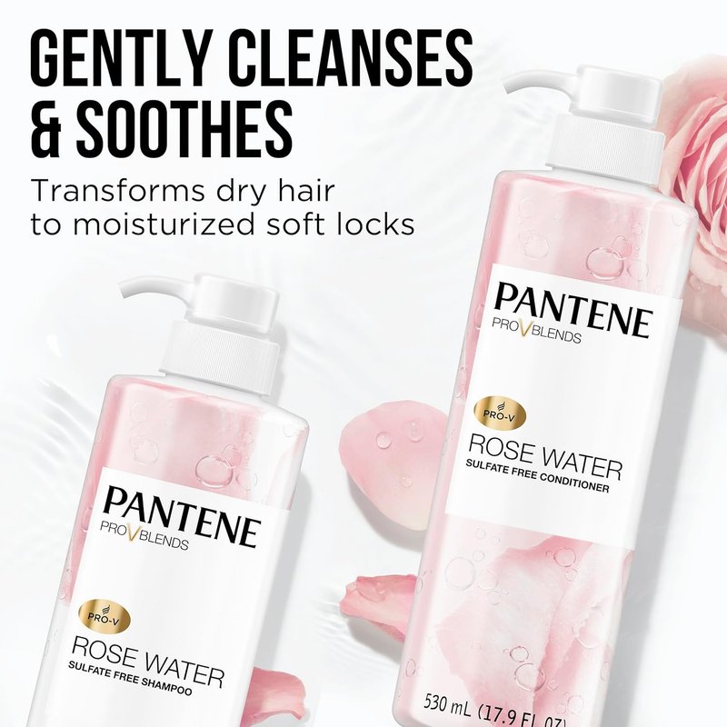 Pantene Sulfate-Free Shampoo & Conditioner Set - Rose Water Infused, Moisturizing & Soothing | 17.9 Fl Oz Each, 2 Pack