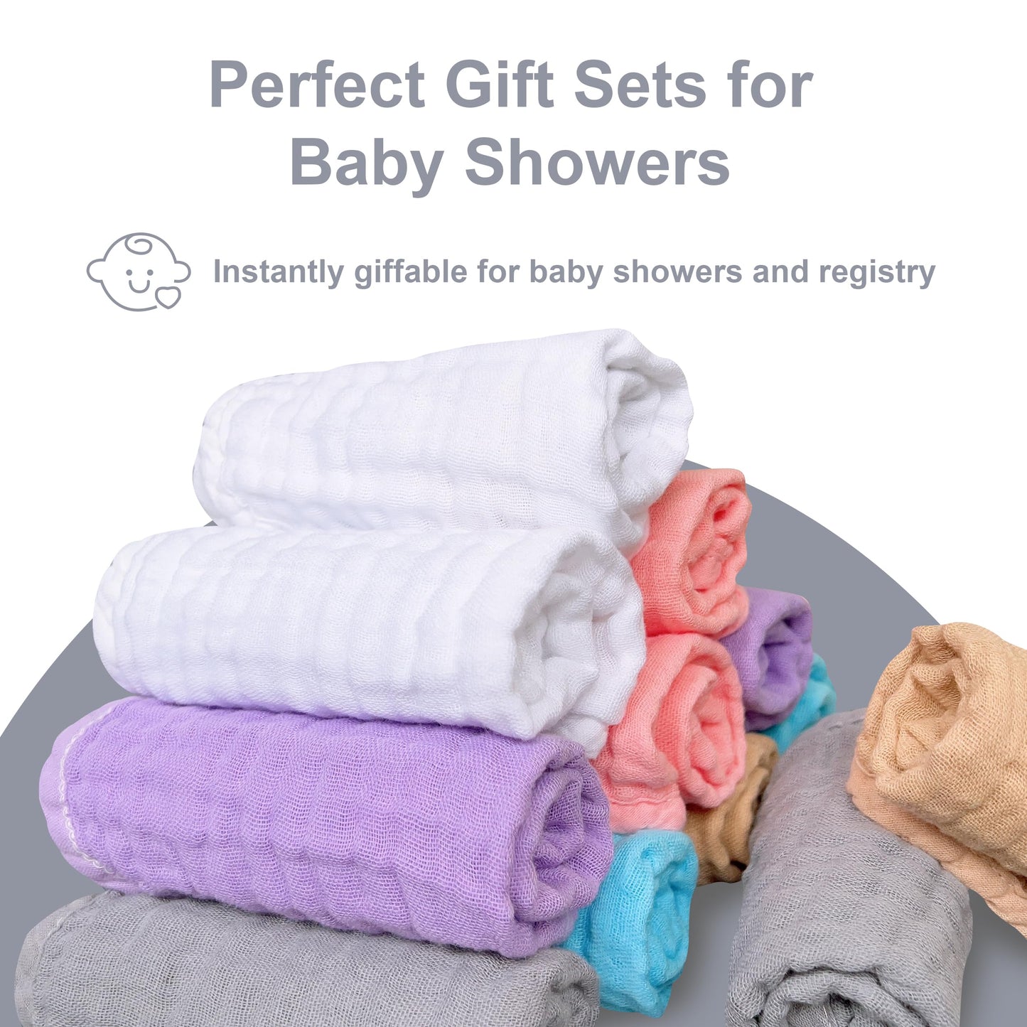 SWEET DOLPHIN 12 Pack Baby Muslin Washcloths - Soft Face Cloths for Newborn, Absorbent Bath Wash Cloths, Wipes, Burp Rag - Toddlers Essentials Stuff, Baby Registry as Shower -10"x10", Multicolor