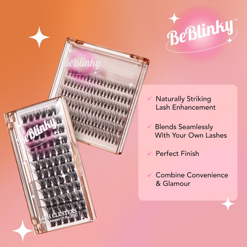 BeBlinky False Eyelashes, Lash Extension Kit 02, 9mm-16mm, Wide Band, Easy to Apply and Remove, No Damage to Natural Eyelashes, 72 Lash Clusters - Wispy