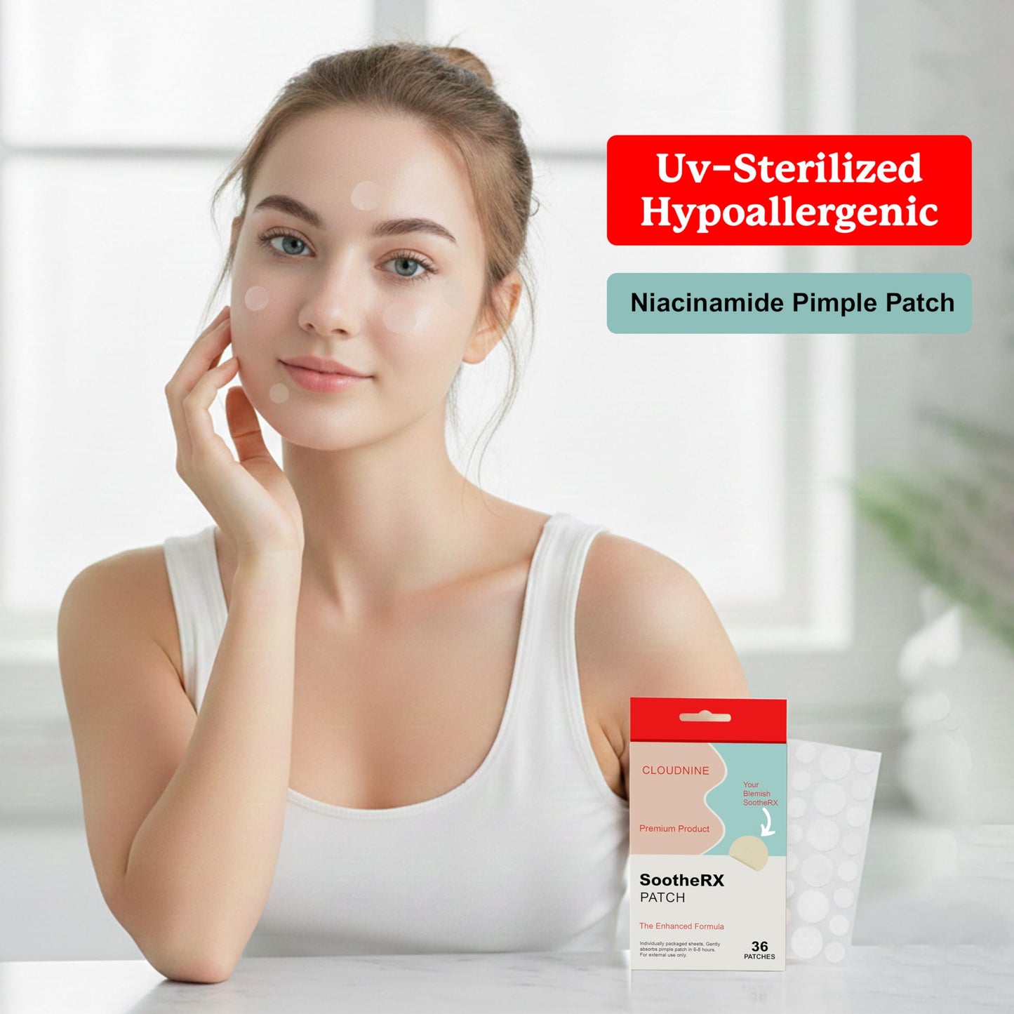 SootheRX Hydrocolloid Acne Patches for Face | Niacinamide Pimple Patch | Overnight Blemish & Acne Spot Treatment | Pimple Stickers for Covering Cheeks & Zit Patch for Face | 36 Count Transparent