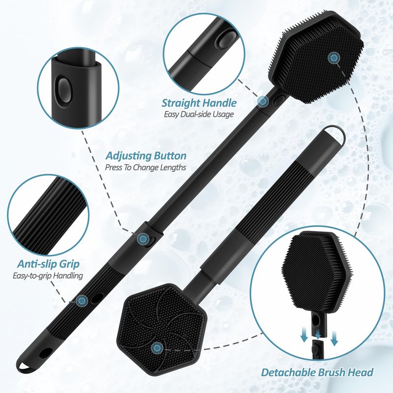 GEENOA Silicone Back Scrubber for Shower, 16''-21''Extendable Shower Back Scrubber with Dual-Side Large Brush Head, 3-Length Back Brush Bath Brush with Strong Handle & Rich Foaming Bristles(Black)