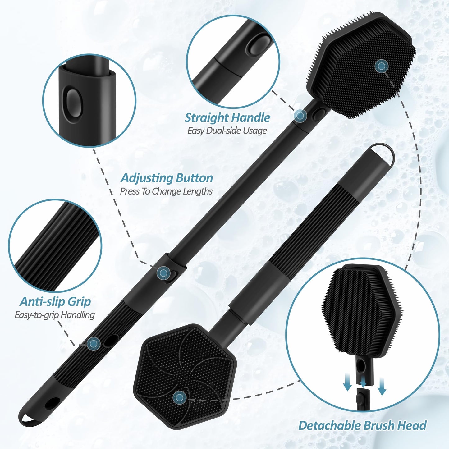 GEENOA Silicone Back/Face Scrubber & Bath Glove Set 3PCS, Extendable Back Scrubber with Dual-Side Large Head, 360° Anti-Slip Bath Glove, Unique Side-bristle Face Scrubber for All-round Cleaning(Black)