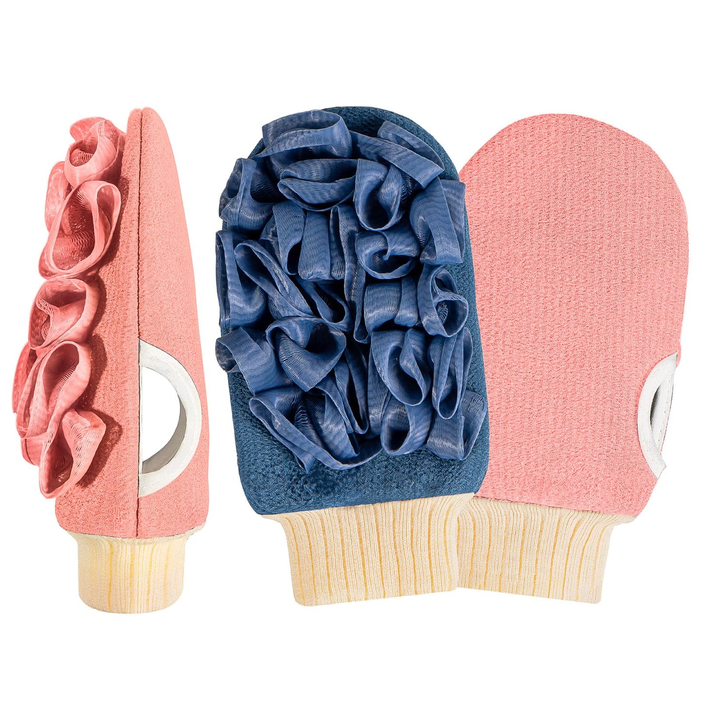Deep Exfoliating Mitts (2pcs) Double-Sided Gloves for Shower, Body Massage Scrub & Bath Loofah Sponge，Skin Exfoliator, Dead Skin Remover (Pink & Blue)