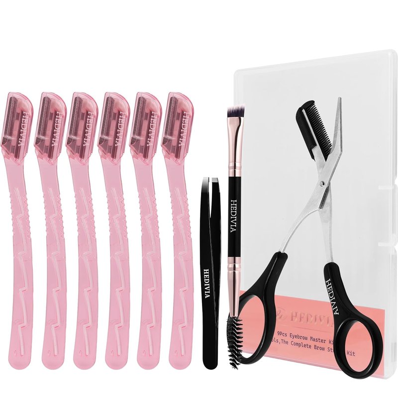 HEDVIA 9-Piece Face Razors Set for Women | Dermaplaning & Eyebrow Grooming Kit - Pink