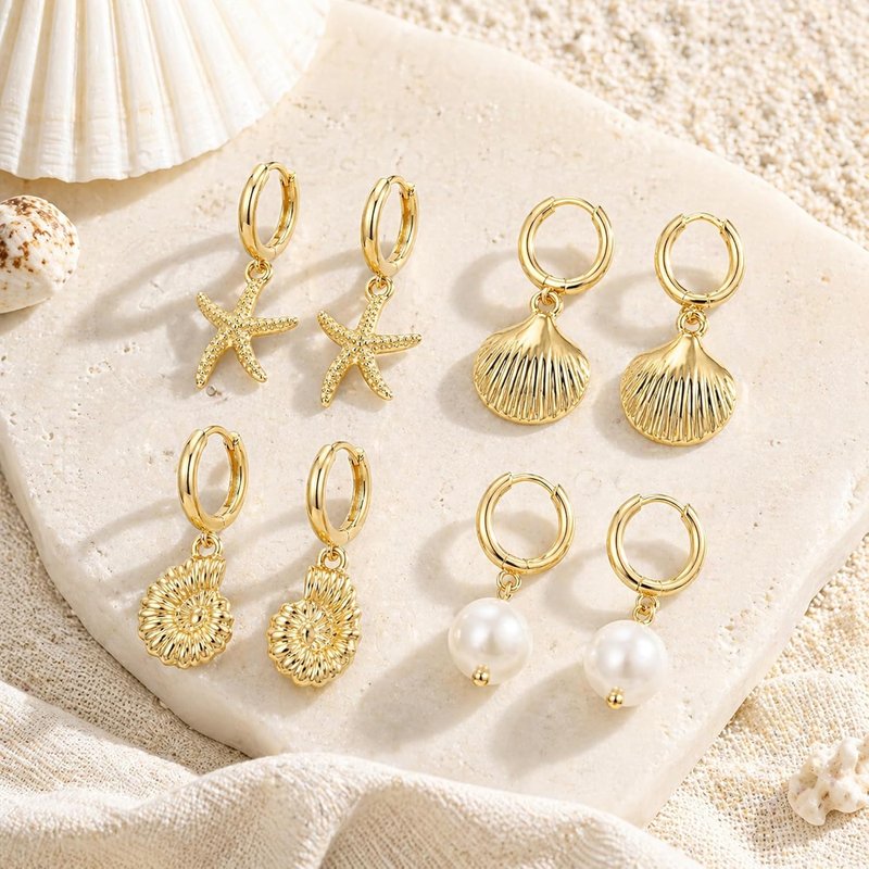 Skiennix Huggie Hoop Earrings Set - 14K Gold Plated Ocean Elements | Shell, Starfish, Conch, Pearl