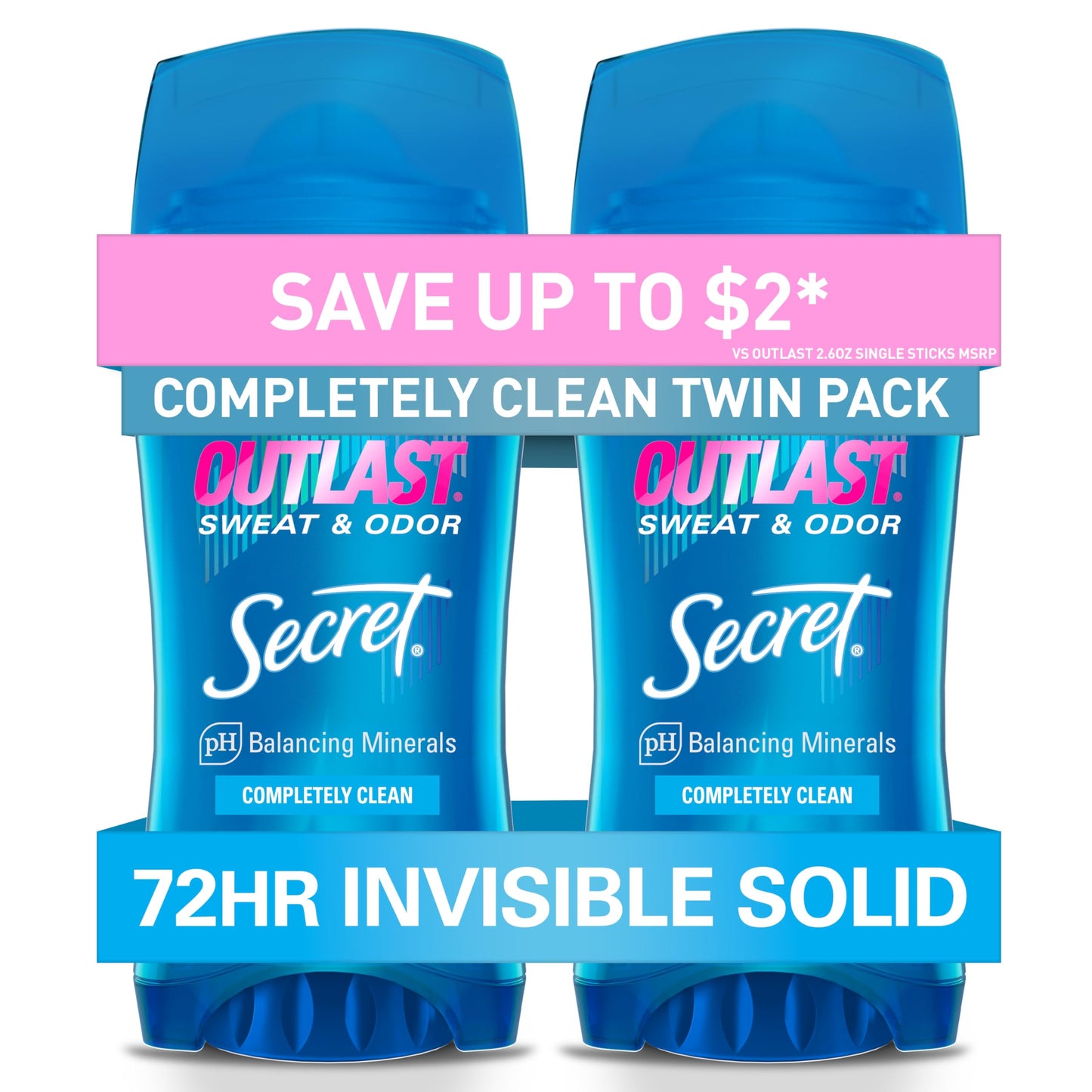 Secret Outlast Antiperspirant Deodorant for Women, 72hr Sweat & Odor Protection, PH Balancing Minerals, Invisible Solid, Completely Clean Scent, 2.6 oz (Pack of 2)