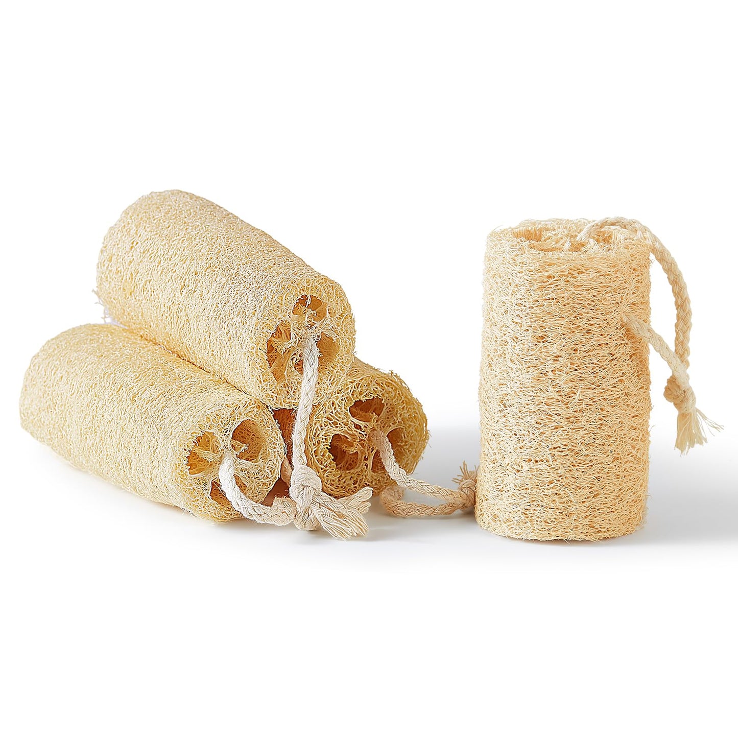Reemix Natural Loofah Exfoliating Body Scrubber 4-Piece Long Cylinder Set - Large Home & Shower Sponge for Face & Body, Eco-Friendly Bath Tool for Gentle Exfoliation, Spa-Like Experience at Home