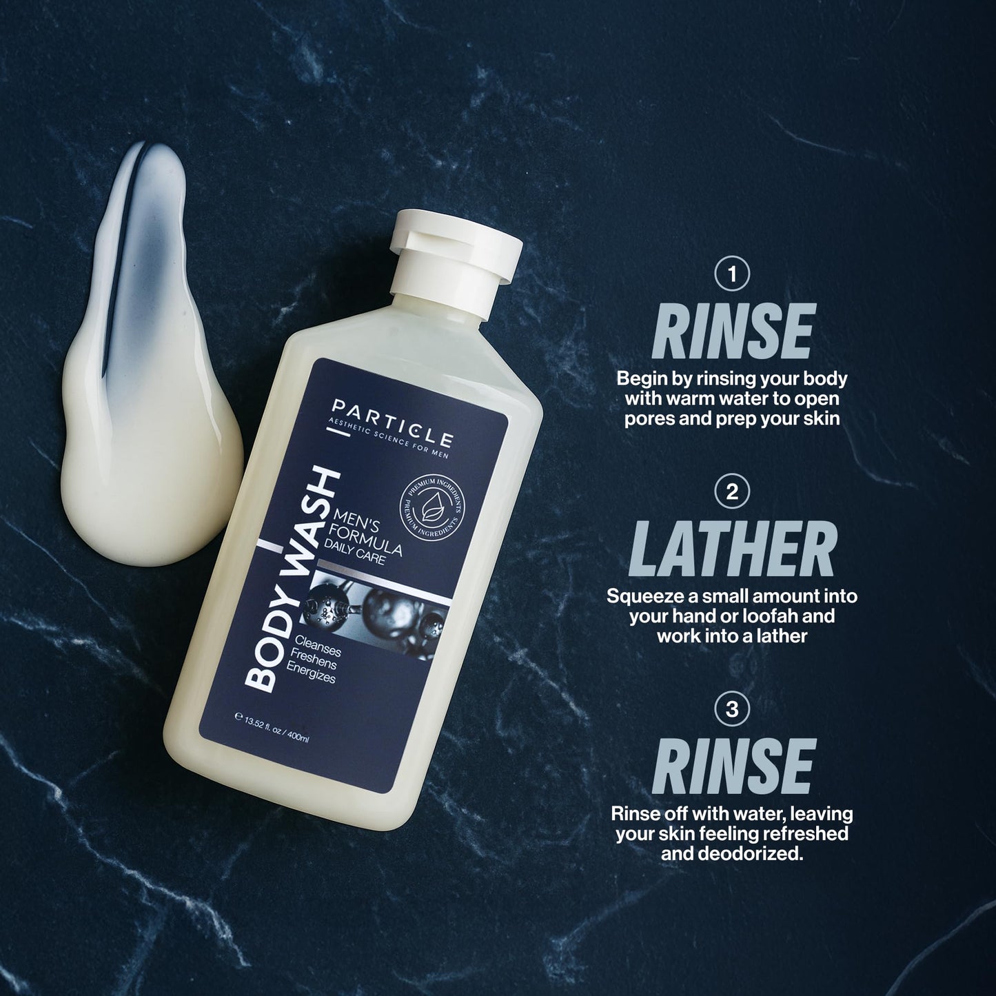 Particle Men’s Body Wash, Daily Skin Care for Men with Dead Sea Minerals, Hydrating Moisturizing Shower Gel and Cleanser for Men, All Skin Types, Fresh Citrus and Woody Scent, 13.52 FL OZ