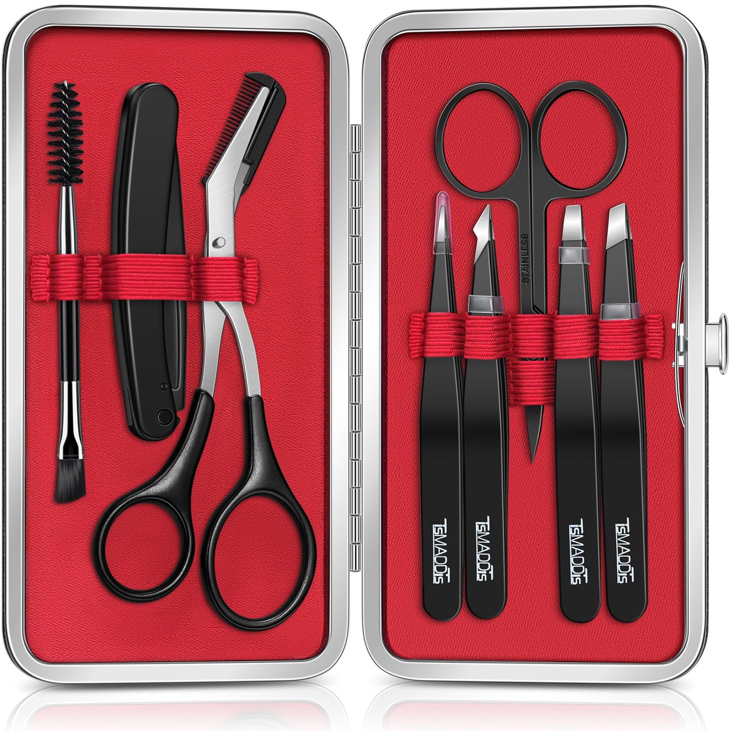 TsMADDTs Eyebrow Kit, 8 in 1 Eyebrow Trimmer Scissors, Tweezers for Women, Razor, Brush with Travel Bag, Tweezers Set for Women and Men, Professional Shaping Grooming Kit