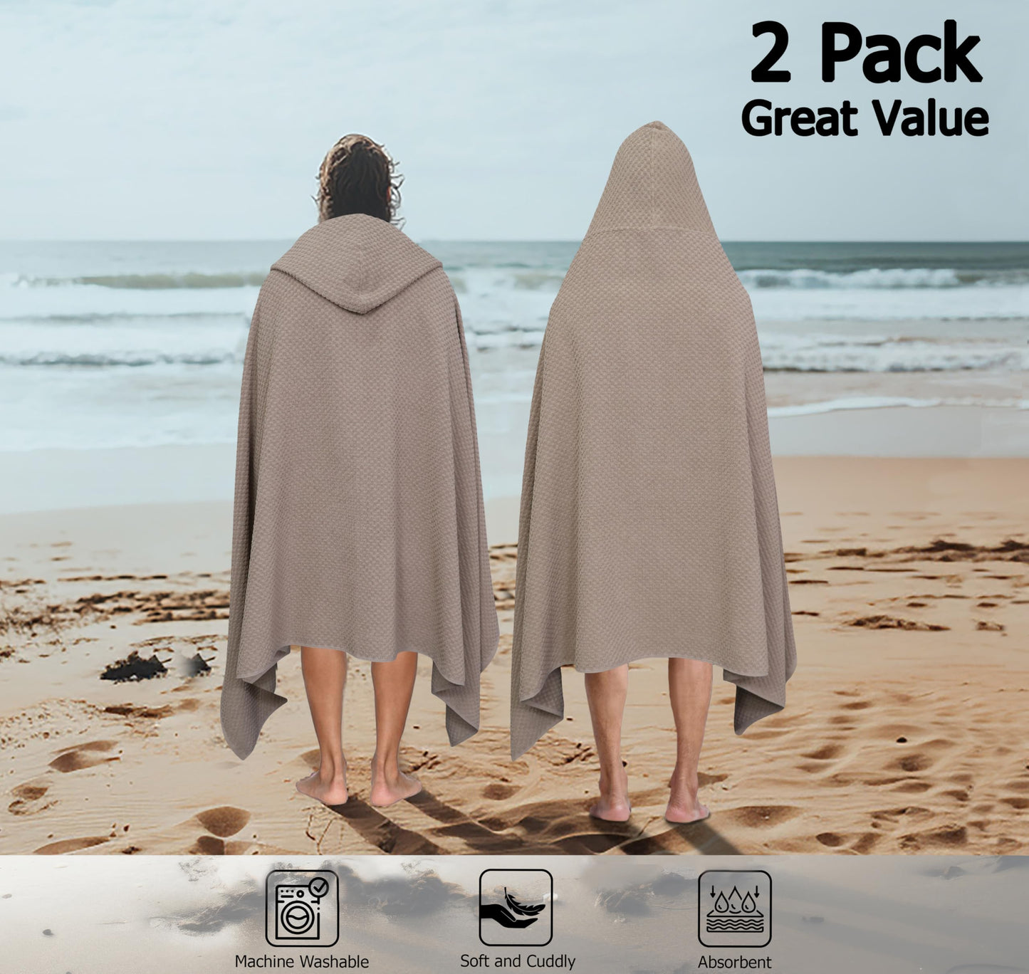 COTTON CRAFT Hooded Bath Towel – 2 Pack Oversized 35x70 Waffle Weave Towel with Hood for Adults - 100% Ringspun Cotton Pool Bath Sheet Wrap with Hood - Soft Super Absorbent Quick Dry – 450 GSM – Linen