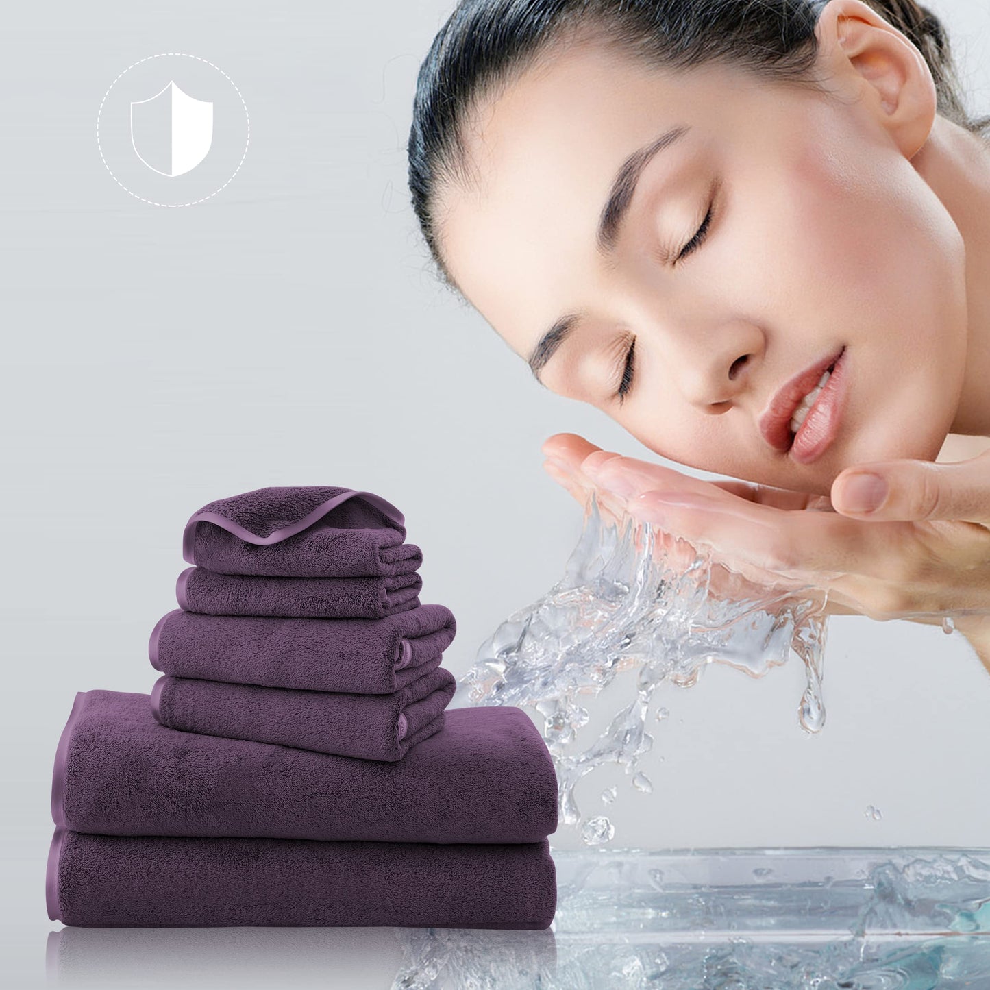 TENSTARS Luxury Silk Hemming Towel Set - Light Thin Quick Drying - 2 Bath Towels 2 Hand Towels 2 Washcloths - Ultra Soft Microfiber Towel for Bath Fitness, Sports, Yoga, Travel (Grape Purple 6 Pieces)
