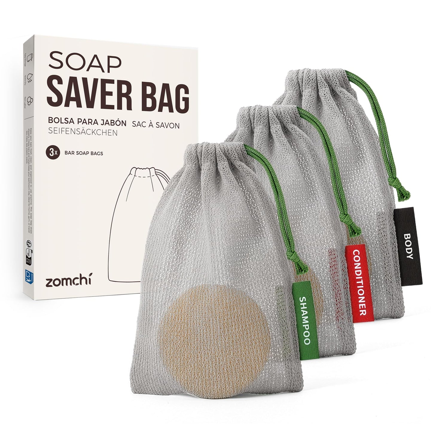 ZOMCHI Mesh Soap Saver Bags, Soap Holder Pouch for Shower, Body & Shampoo Bars, Travel Pouch Bag with Hanging Loop (3 Pack, Gray)