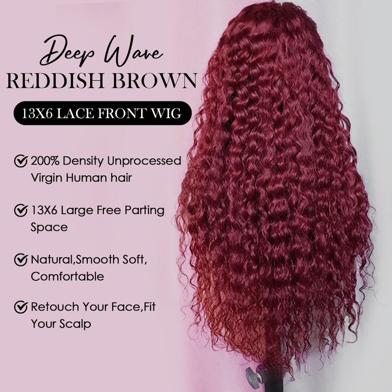 Deep Wave Lace Front Wig - 30 Inch 99J Burgundy Human Hair | HD Transparent, 200% Density, Pre-Plucked