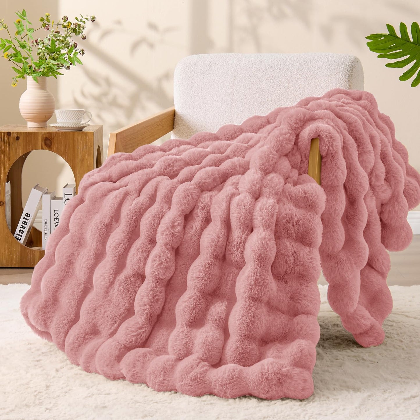BEDELITE Faux Fur Pink Throw Blanket, Soft Cozy Plush Bubble Blanket for Couch Sofa Bedroom Living Room Decor - 870GSM Thick Warm Fuzzy Fluffy Faux Rabbit Fur Blanket for Women Gift, 50x60 Inches
