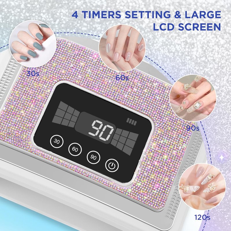 Aedavey Cordless Nail Lamp - 120W Rechargeable UV LED Nail Light with 4 Timer Modes & Rhinestone Decor