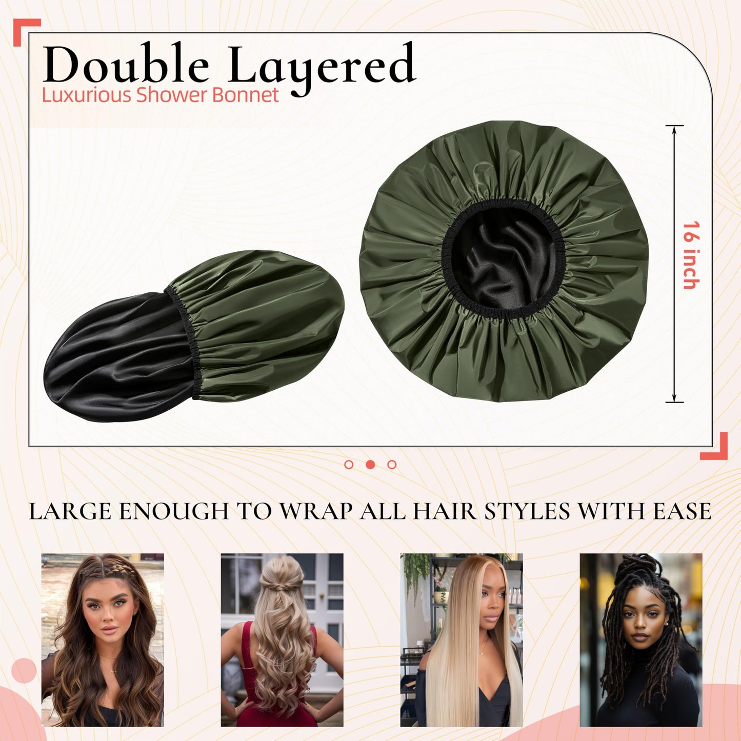 Extra Large Shower Cap for Women, Reusable Waterproof Shower Bonnet with Satin Lining, Double Layer Washable Bath Hair Cap for Braids, Locs, Long Thick Curly Hair, Natural Hair(Big Green)
