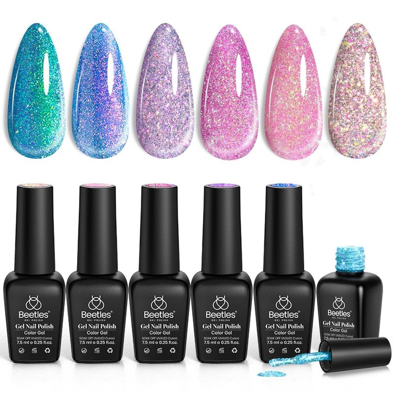 Beetles Chameleon Gel Nail Polish Set | 6 Sparkling Colors - Pink, Purple, Blue Glitter for DIY Manicure
