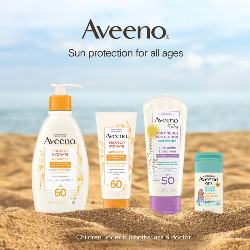 Aveeno Protect + Hydrate Sunscreen Moisturizing Lotion with Prebiotic Oat, Broad Spectrum SPF60, Paraben, & Oil Free, Weightless, Water & Sweat Resistant (80-min) for Sensitive Skin, 12 Fl Oz