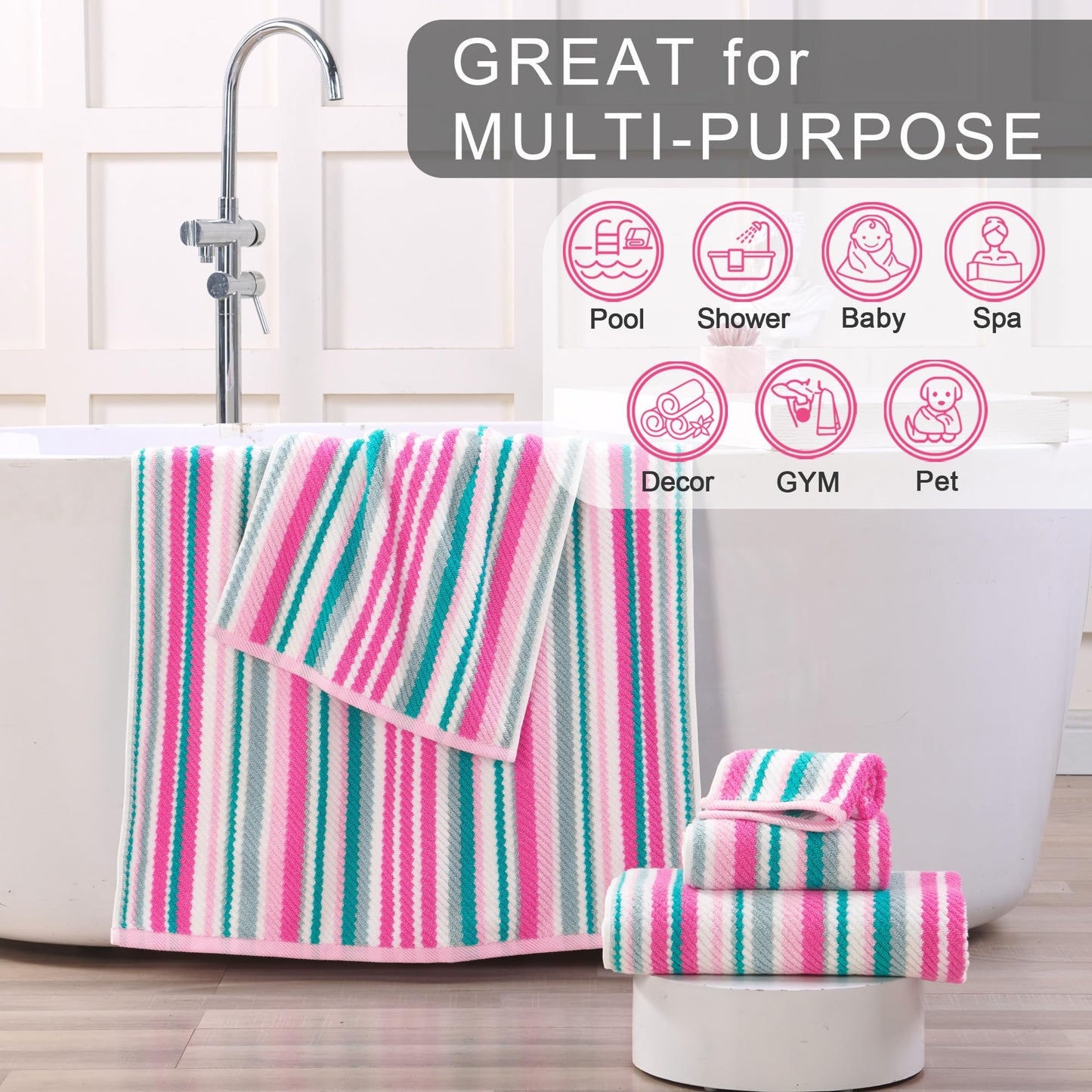 VOOVA & MOVAS Pink Soft Washcloths Set (6PC, 100% Cotton), Wash Cloth 13" x13, Striped Absorbent Washcloths Set for Bathroom & Guest, Luxury Wash Cloths Gift Set, Pink and Aqua Stripe