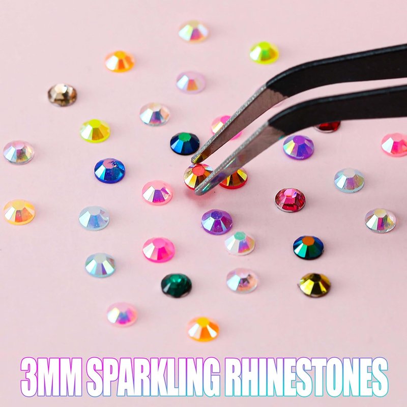 Rhinestones 30000 Pcs - 48 Color Flatback Gems for Nail Art & Crafting | 3mm with B7000 Glue & Tweezers