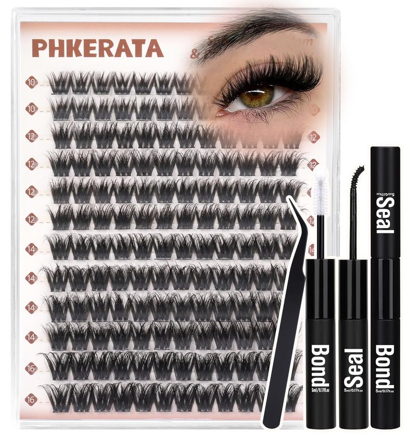 PHKERATA Fluffy Lash Clusters Kit D Curl Wispy Eyelash Clusters Kit, 3D Volume Cluster Eyelash Extensions Kit DIY Individual Lashes with Bond and Seal & Tweezers, 144pcs, 10-16mm