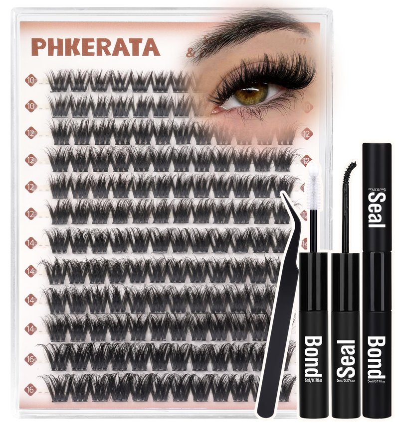 PHKERATA Fluffy Lash Clusters Kit D Curl Wispy Eyelash Clusters Kit, 3D Volume Cluster Eyelash Extensions Kit DIY Individual Lashes with Bond and Seal & Tweezers, 144pcs, 10-16mm