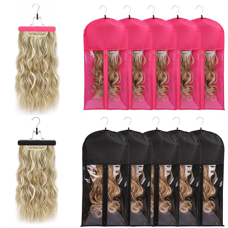 10 PCS Wig Bag - Multiple Wig Storage with Hanger & Anti-slip Hair Extension Holder (5PCS BLACK + 5PCS ROSE)