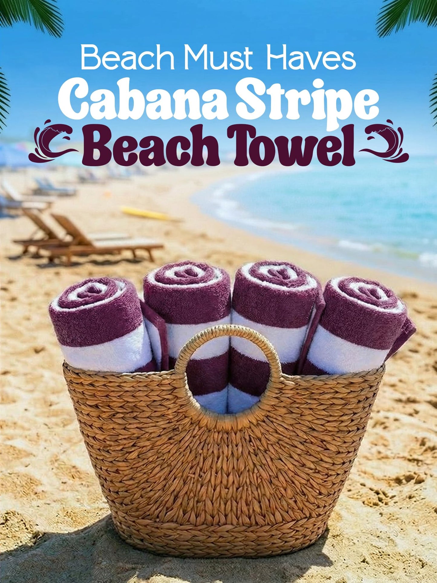 Utopia Towels Pack of 4 Cabana Beach Towels, Oversized 30 x 60 Inches Cotton Beach Towel Set, Smooth Ring Spun Texture for Pool and Swim Days, Modern Striped Design Bath Towels, Plum