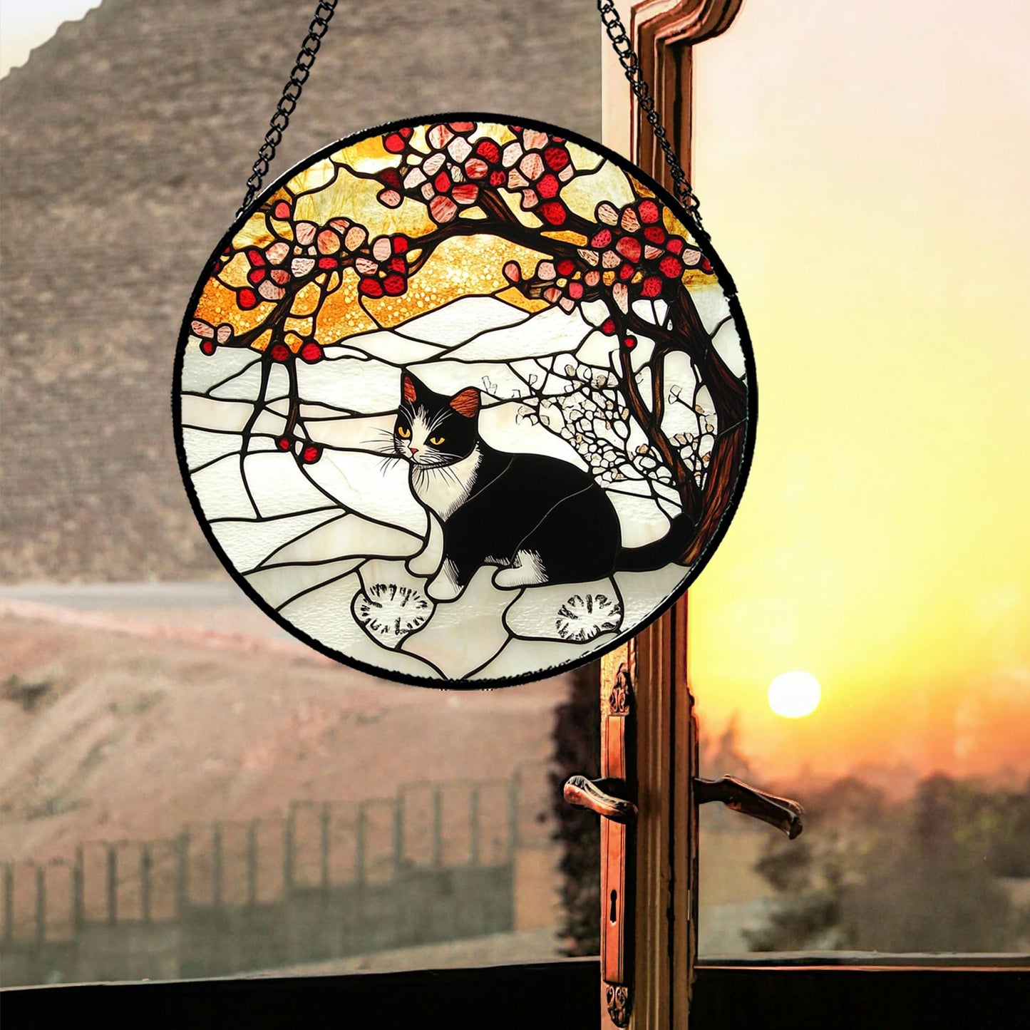 GEFOS Stained Glass Window Hanging Black and White Cat in The Snow Large 15" - Suncatcher Door Garden Sun Catcher Home Decor Birthday Christmas for Cat Lovers Mom Men Woman Nana