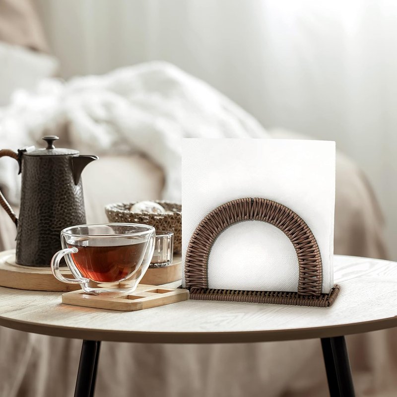 Rustic Paper Napkin Holder - Upright Dinner Napkin Dispenser | Dark Brown Resin Wicker Design
