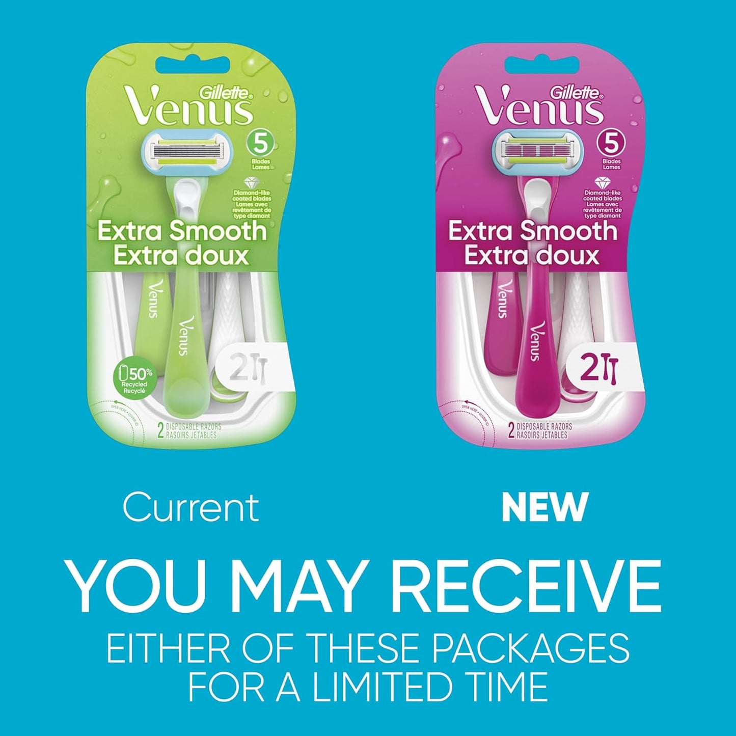 Venus Extra Smooth Disposable Women's Razors - Green, 2 Count | Perfect for Sensitive Skin
