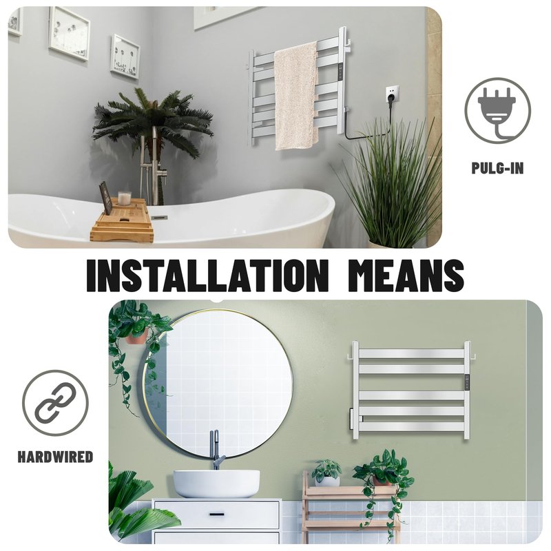 K&KALONZO Towel Warmer for Bathroom, Wall-Mounted 5-Bar Heated Towel Rack with Built-in Timer, Waterproof Electric Towel Heater, Support Plug-in and Hardwired, Polished, EL18S
