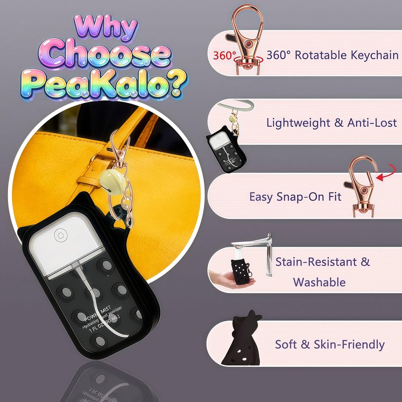 PeaKalo Cat Silicone Case for Touchland Hand Sanitizer Spray, Compatible with Power Mist Glow Mist 1 FL OZ/30ML for Touchland Case with 2 Keychains Cute Bell Portable Travel Accessory