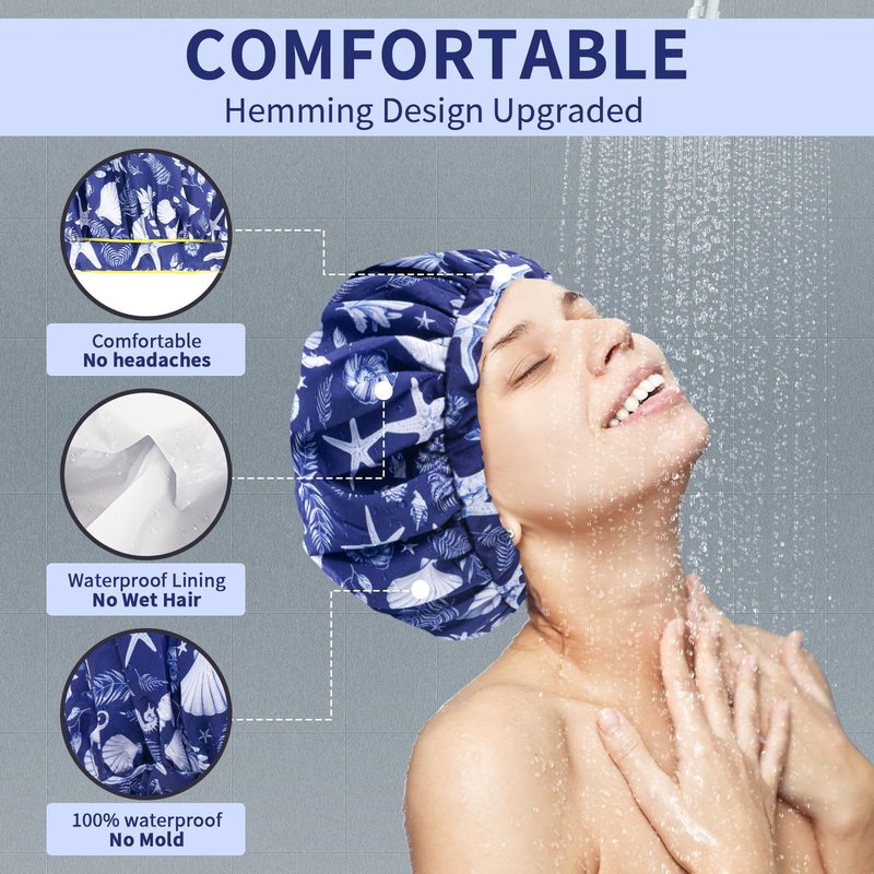 1 PCS Shower Cap, Double Layer & Adjustable Bathing Cap for Shower, Extra Large Reusable Hair Cap for Women, Waterproof Exterior & EVA Lining, Oversized Design for All Hair Lengths/Style